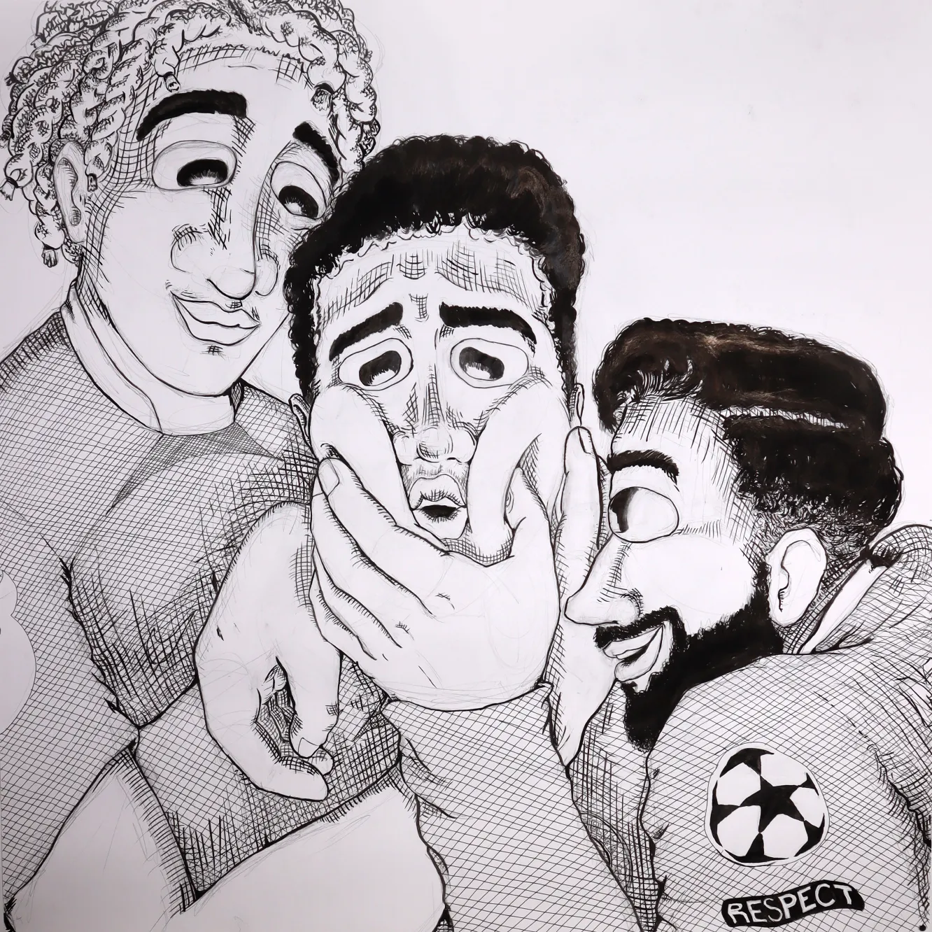 'sonríe la caprichosa' ink drawing: close up of three figures wearing football uniforms in close proximity