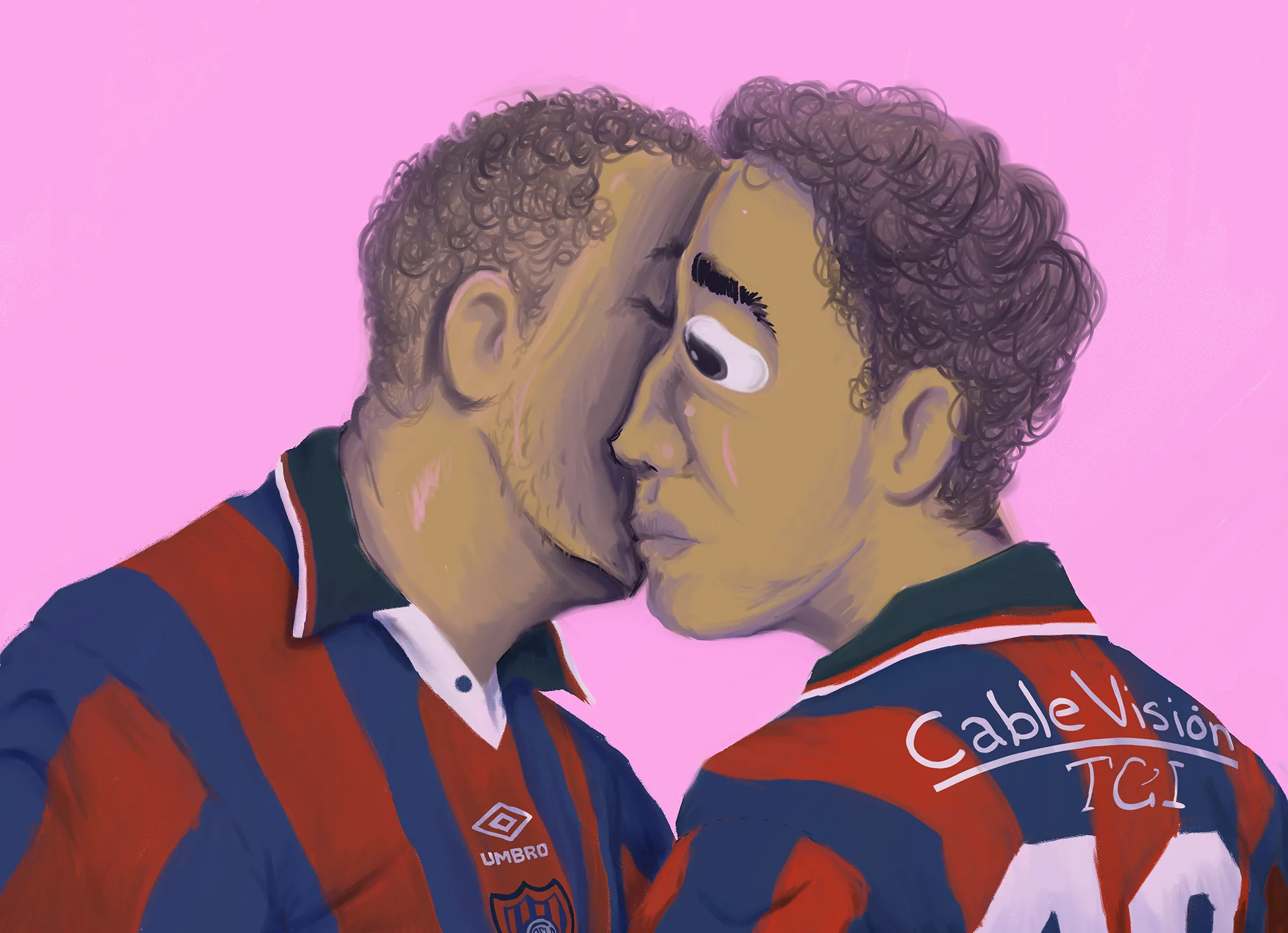 Digital painting: two players wearing San Lorenzo jerseys share a kiss on the cheek, as one substitutes the other on the field