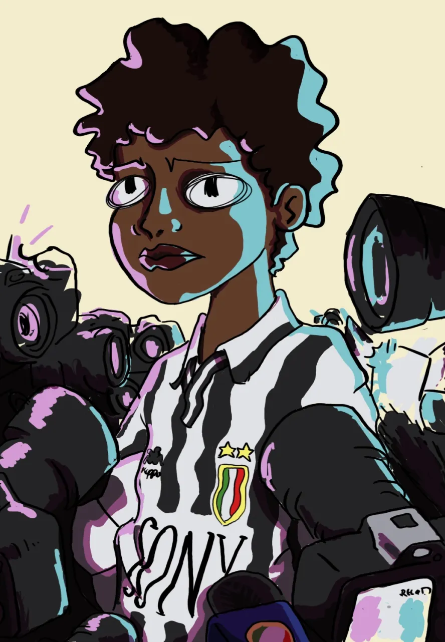'héroe sudaca (the world is yours)' digital painting: a figure wearing an oversized football uniform and holding a football is swarmed by flashing cameras and microphones