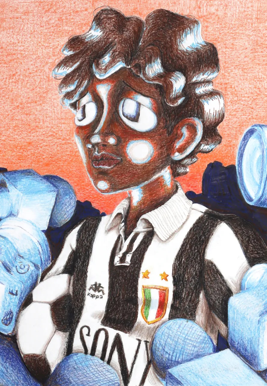 'héroe sudaca (the world is yours)' graphite color pencil drawing: a figure wearing an oversized football uniform and holding a football is swarmed by flashing cameras and microphones