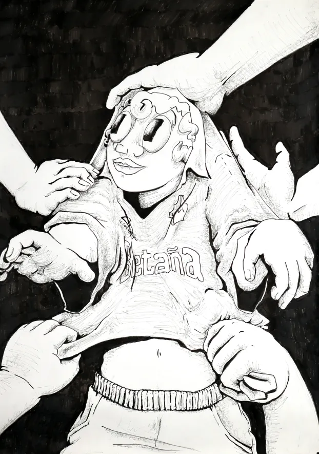 'Registro Civil de Nascimiento (desde la cuna)' ink drawing: child looks up while disembodied hands put on a football jersey over him