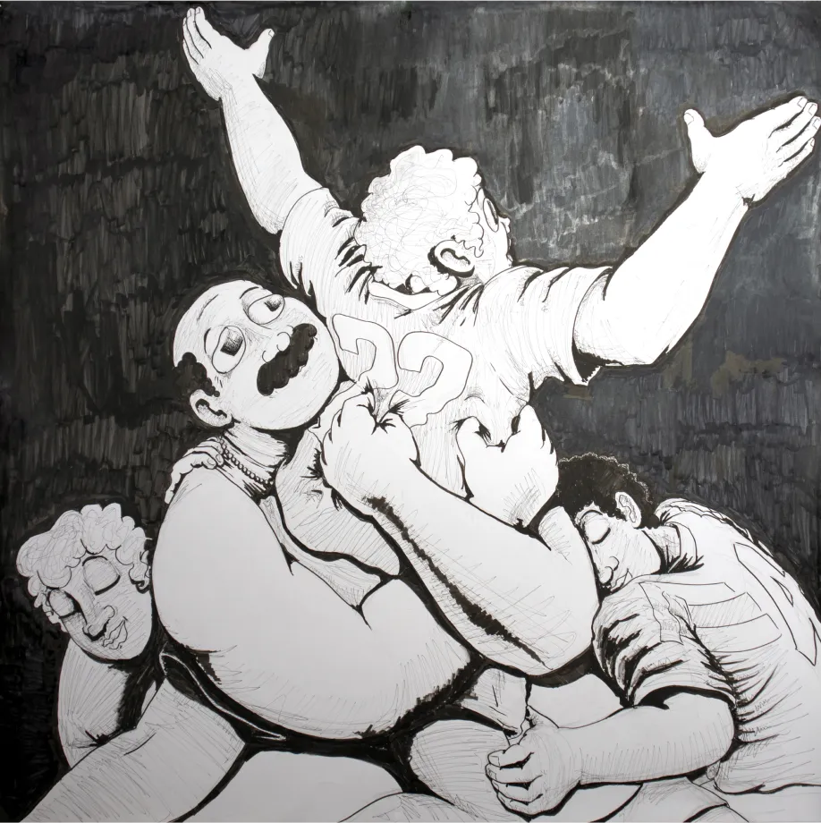 ink drawing: child jumps into the embrace of a sitting, older figure; two other children join in the embrace