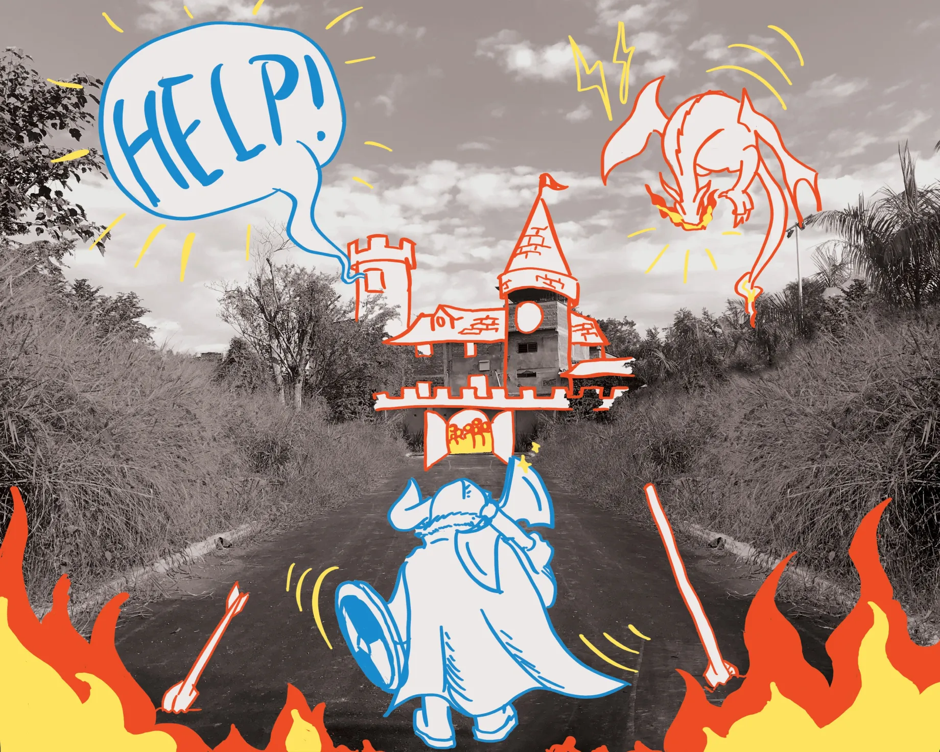 'help' digital intervention over photograph: cartoon-like knight doodled over black-and-white cityscape