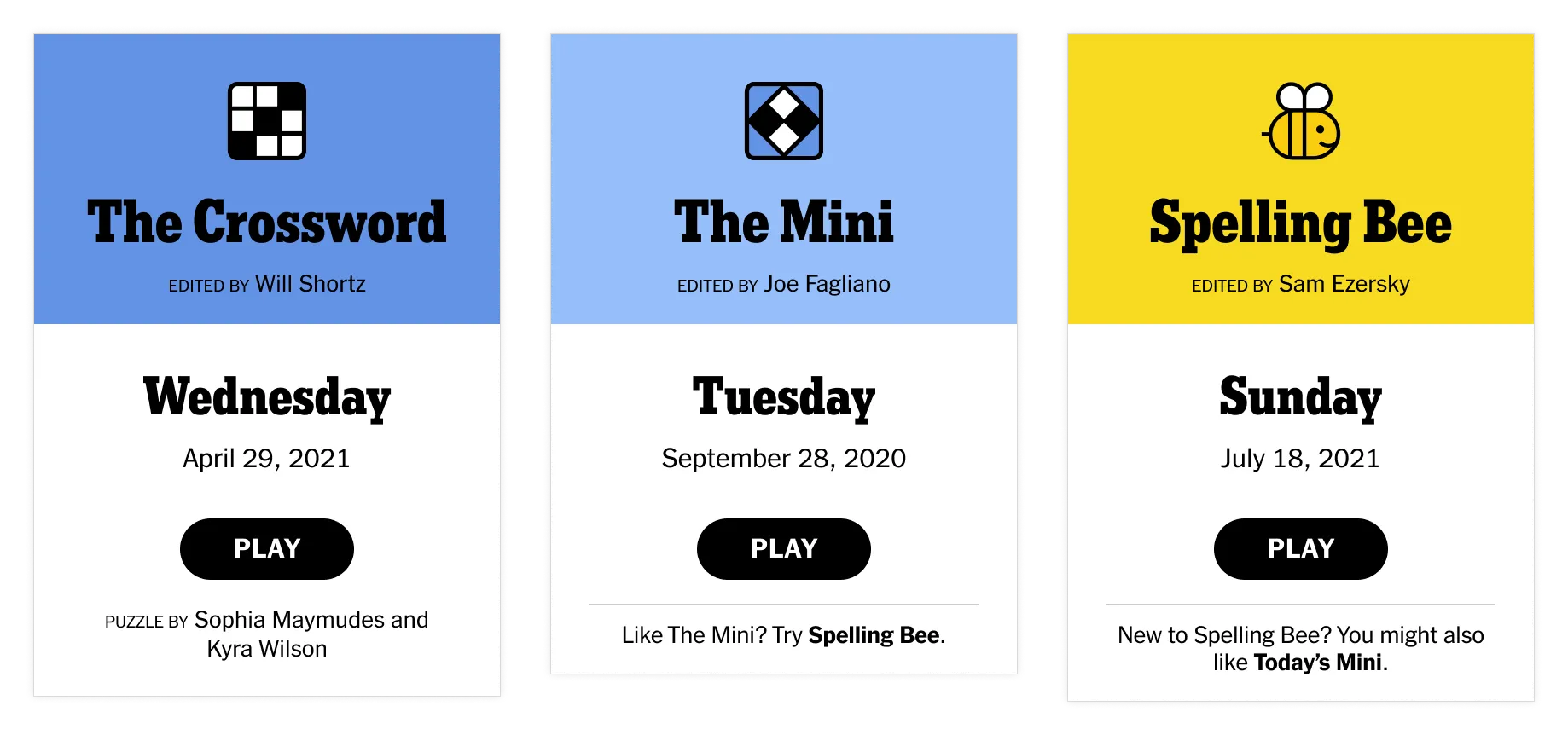 NYT Games game cards