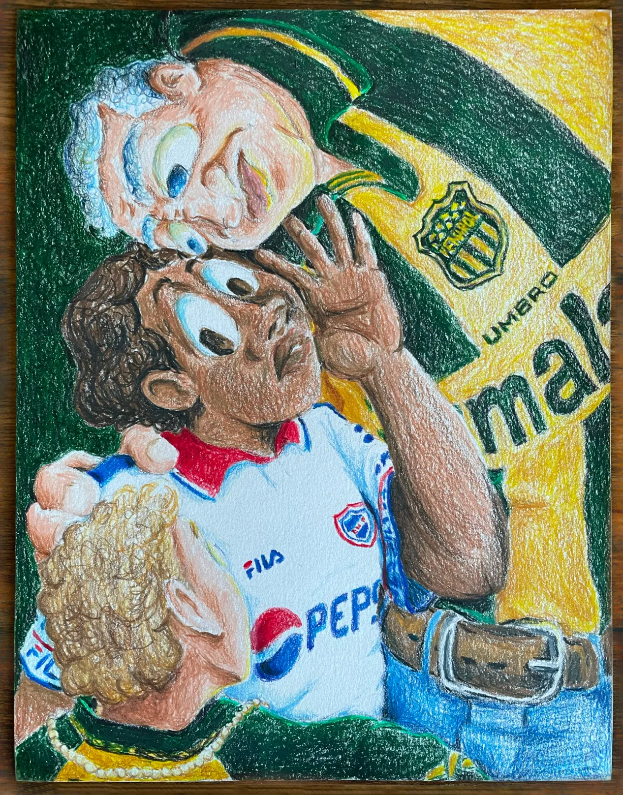Color pencil drawing: figure wearing a Peñarol shirt looms over two other figures – one looks scared and one faces away from the viewer