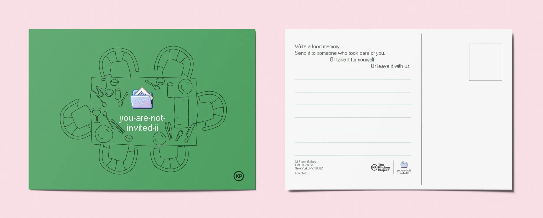 Postcards distributed as part of the 'You Are (not) Invited II' exhibition, inviting participants to share a food memory
