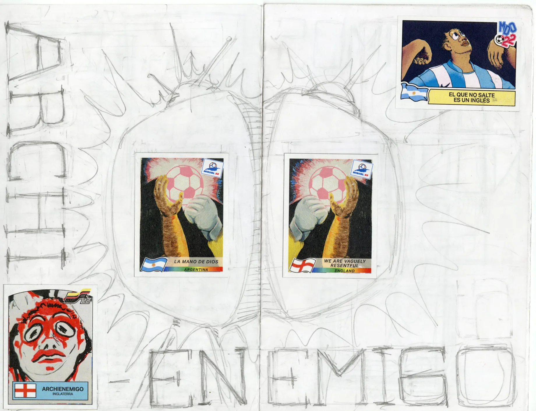 work-in-progress scan of a spread in the 'El Que No salte' zine