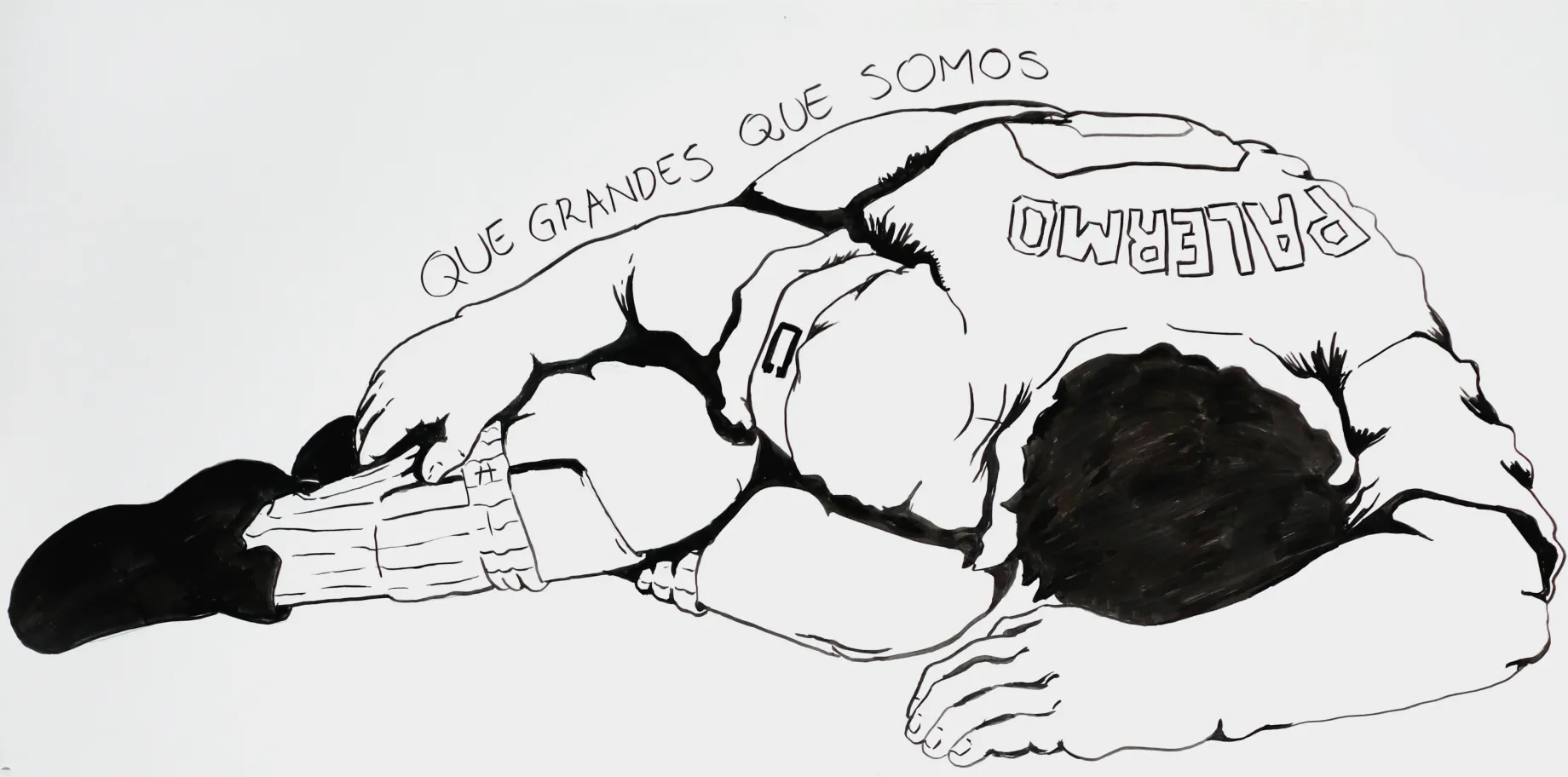 'Que Grandes Que Somos' ink drawing: figure wearing a football uniform curled over a blank background, text above figure reads 'Que Grandes Que Somos
