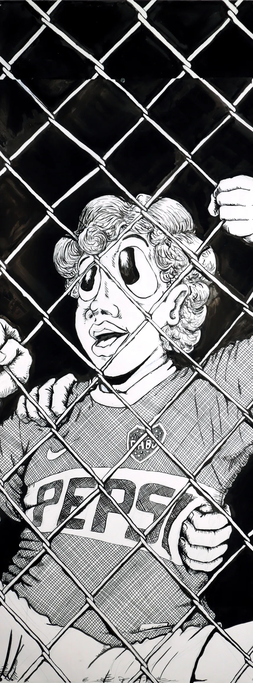 'reja' ink drawing: child climbs on stadium fence in celebration