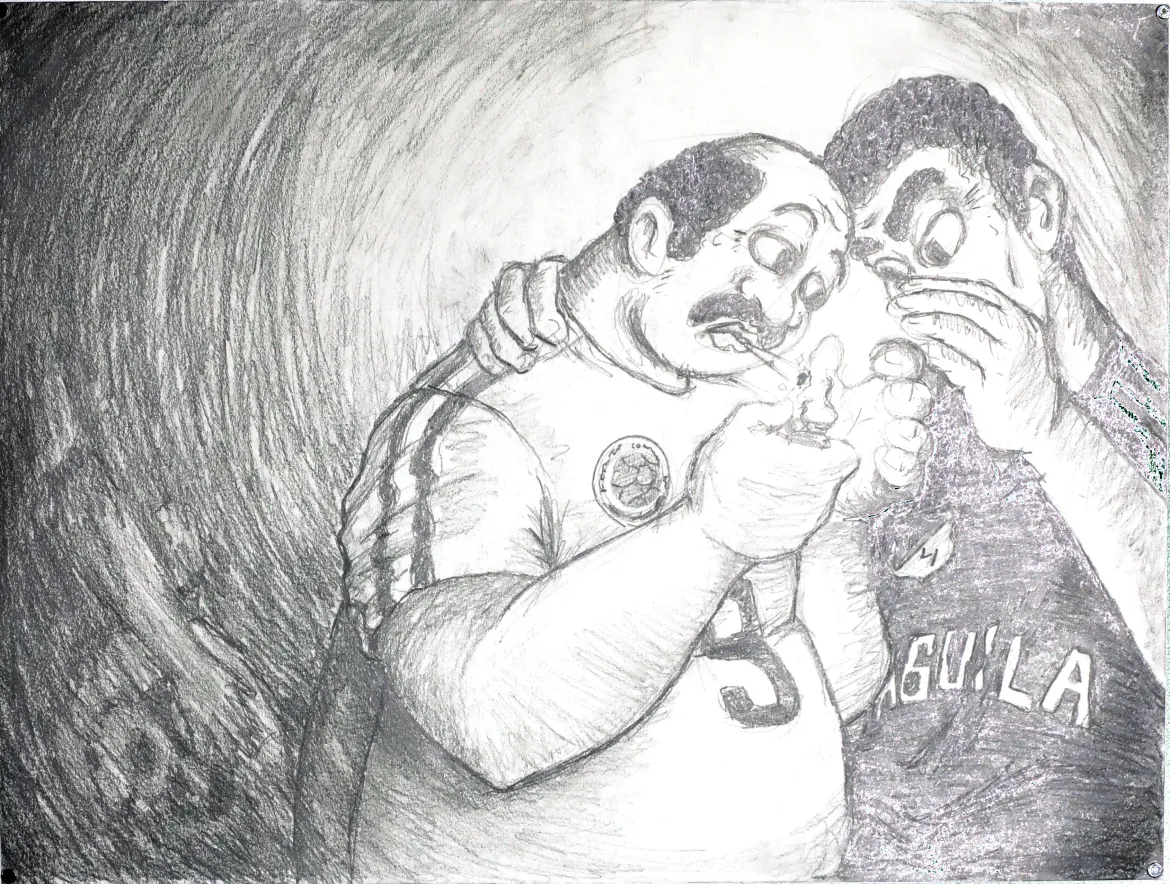 'suegro como ve al Cali' graphite drawing: two older male figures wearing football jerseys sneak a cigarette and have a conversation