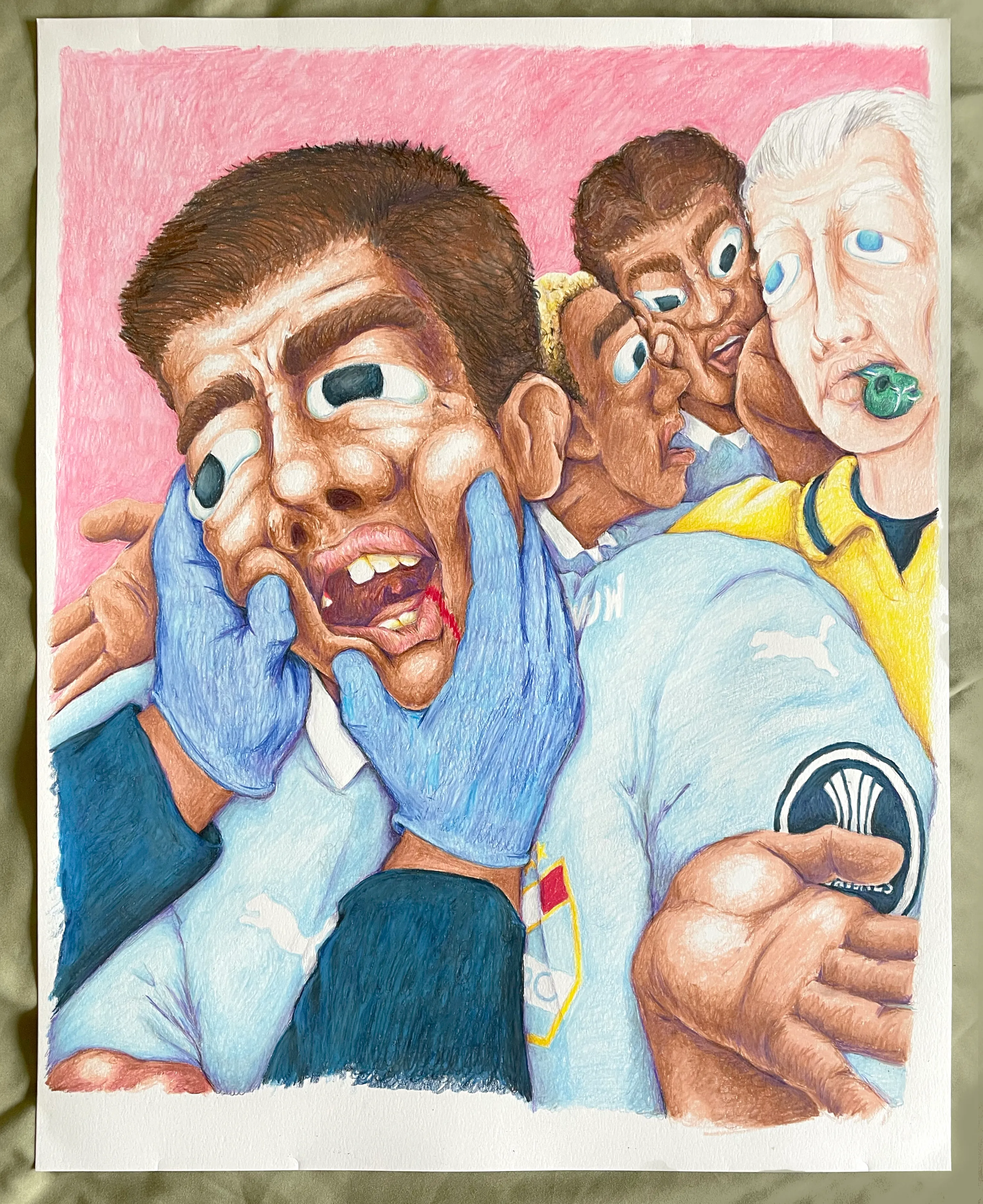 Color pencil drawing: Sporting Cristal player has lost a tooth and is receiving medical care from two hands emerging off-frame. Behind him, two teammates argue passionately with an apathetic referee