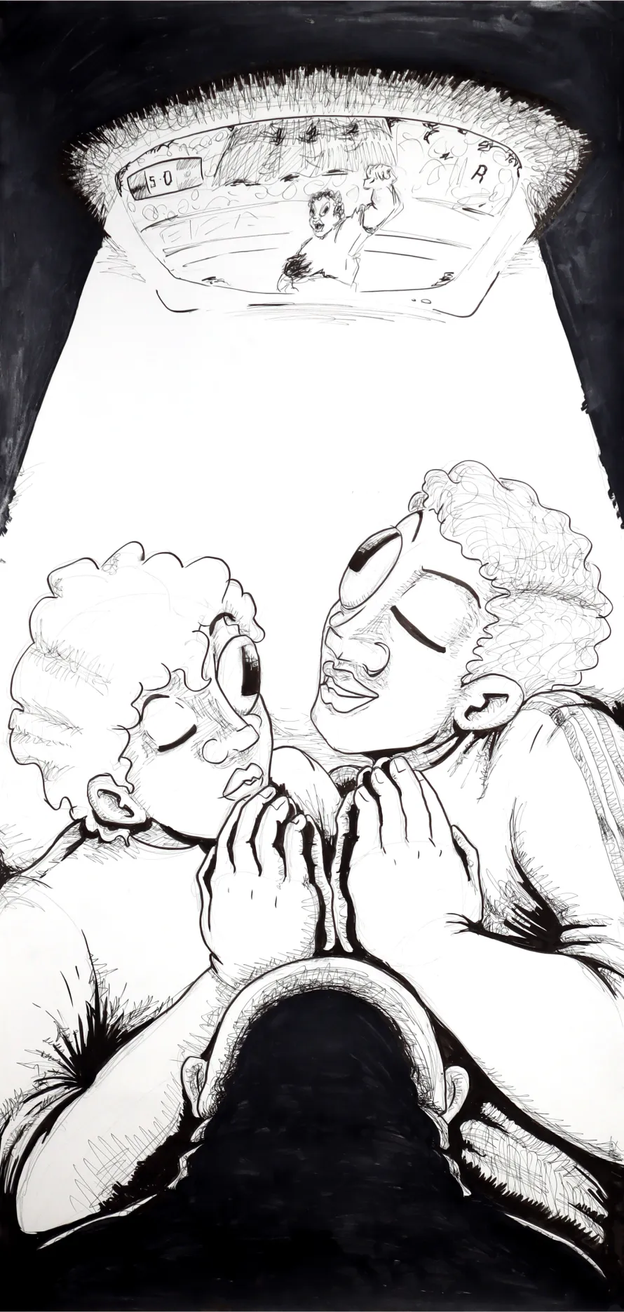 ink drawing: two young figures sneak looks into a TV during prayer