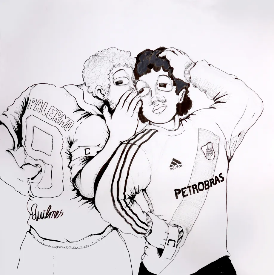 'superclásico(finale)' ink drawing: two players from rival team whisper into each other's ear